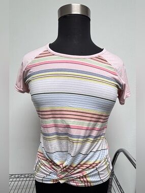 Just Be Multicolor Pastel Striped Knot Front Tee – Size Medium